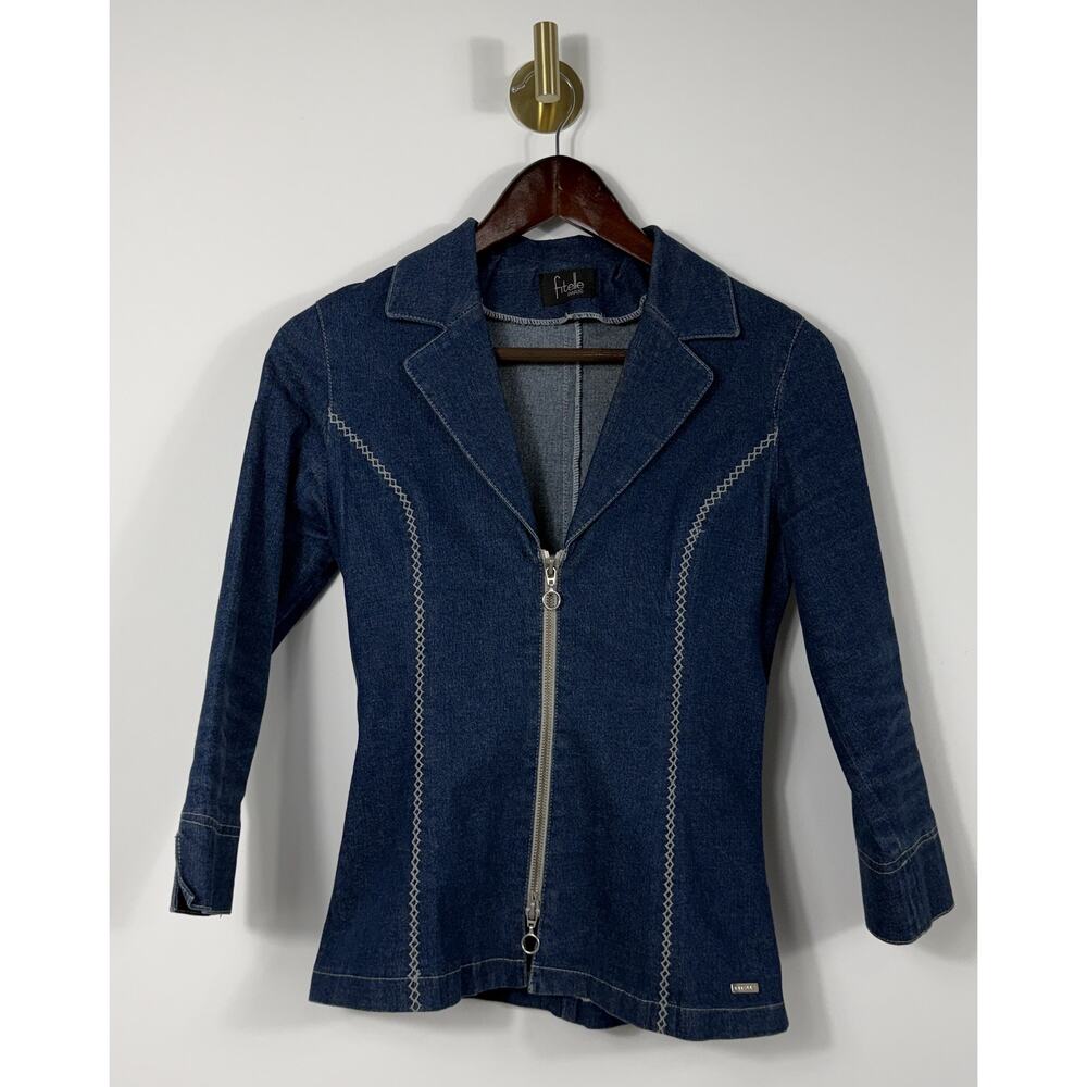 VTG Fitelle Paris 90s Embroidered Blue Denim Blazer Jacket Zip front Sz M